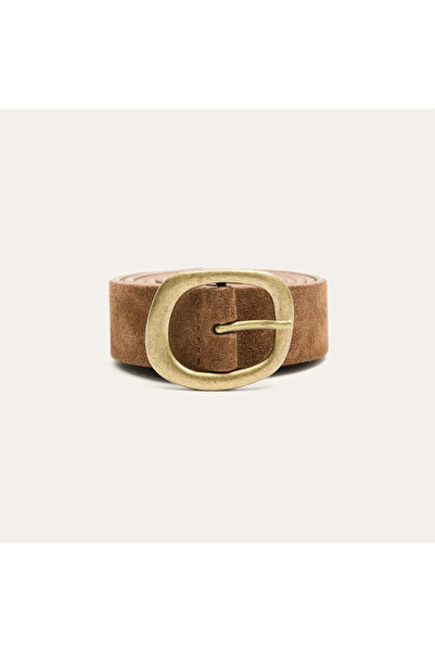 Mudo Women's Tan Color Suede Textured Antique Buckle Belt