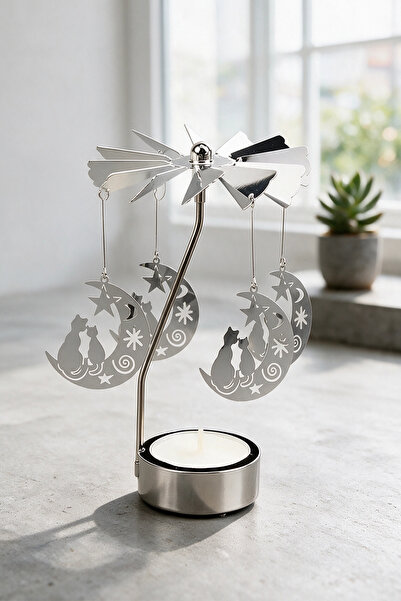 PRİME HOME Isı İle Dönen Kedi/Ay Figürlü Mumluk (Gümüş)