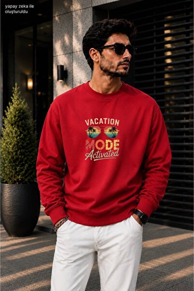 caddekombin Men's Vacation Mode Written Sunglasses Printed Round Crew Neck Co...