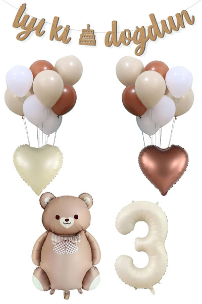 Atölye Mi 3 Year Old Retro Caramel Bow Tie Bear and Retro Balloons Birthday B...