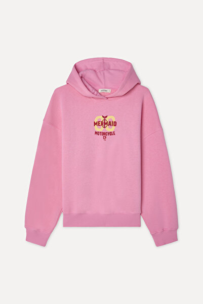 Mudo Women's Pink Printed Oversize Hooded Sweatshirt
