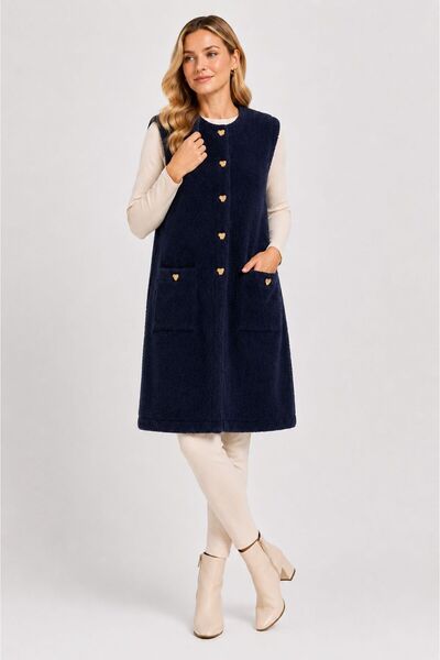 HIRA CO. Women's Heart-Buttoned, Front-Pocket, Soft Textured Long Sweater Vest