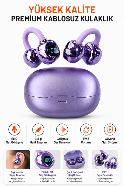 Ayers Premium Küpe Tipi Kablosuz Kadın Bluetooth Kulaklık, Dijital Şarj Göste...