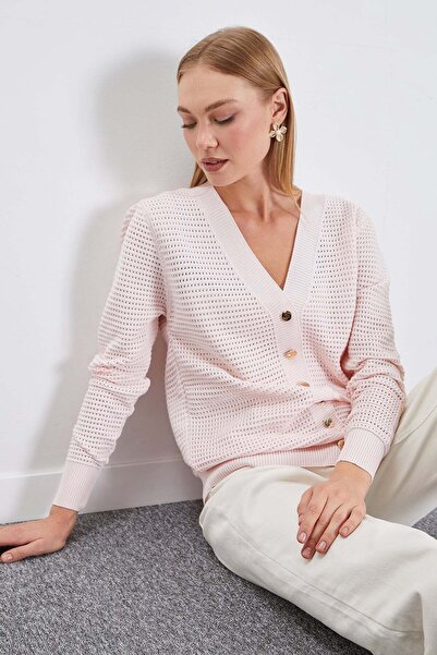 Fulla Moda Buttoned V-Neck Openwork Knitwear Cardigan
