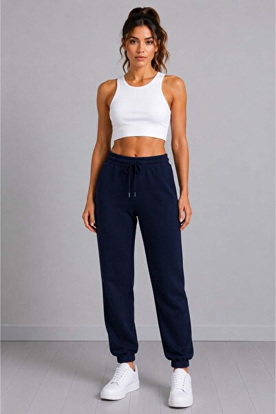 Sortie Straight Model Elastic Cuffed Combed Cotton Sweatpants Navy Blue