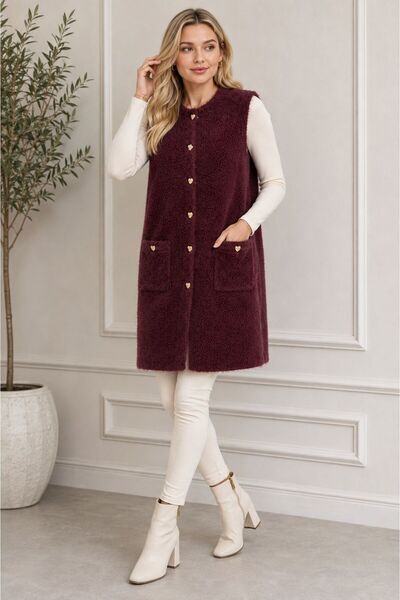 HIRA CO. Women's Heart-Buttoned, Front-Pocket, Soft Textured Long Sweater Vest