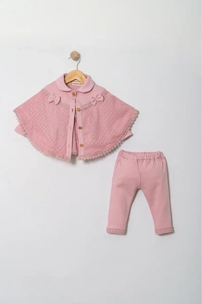 MİNİBORN 100% Organic Cotton Lace Detailed Baby Girl 3-Piece Set Powder