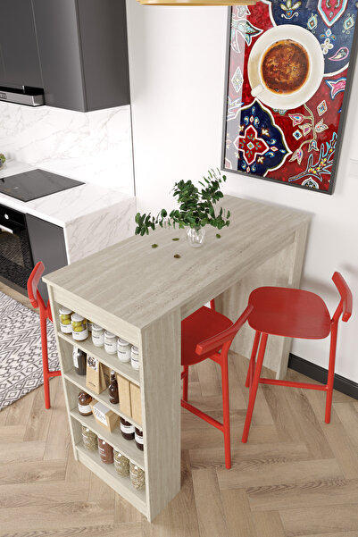 AYMOBSAN Bar Masası Çok Amaçlı Raflı Ada Mutfak Yemek Masası - Traverten Desen