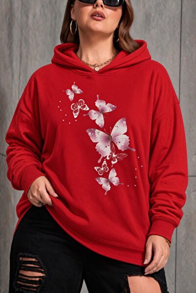 Oksit Sw Butterfly Printed Women's Large Size Oversized Hooded Two-Thread Cot...