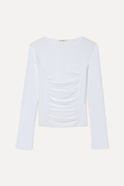Mudo Women's Off-White Fitted Draped Crew Neck Modal Blend Blouse
