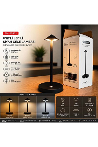teknohediye PowerMaster USB'li LED Gece Lambası Siyah Dokunmatik Şarjlı Kablo...