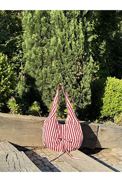 RONASBAG Jo Bag Large Volume 4-Pocket Red Pink Striped Ribbon Detailed Should...