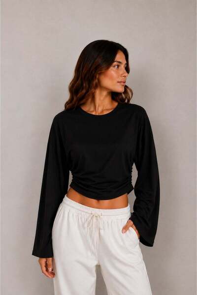 Vadon 1036 women's side smocked spanish sleeve crew neck short blouse black