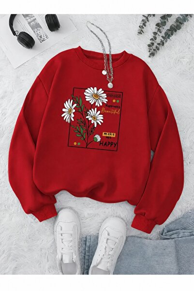 Trend Sizde Hanorac unisex cu imprimeu Daisy Happy, cu gâtul tip crewneck