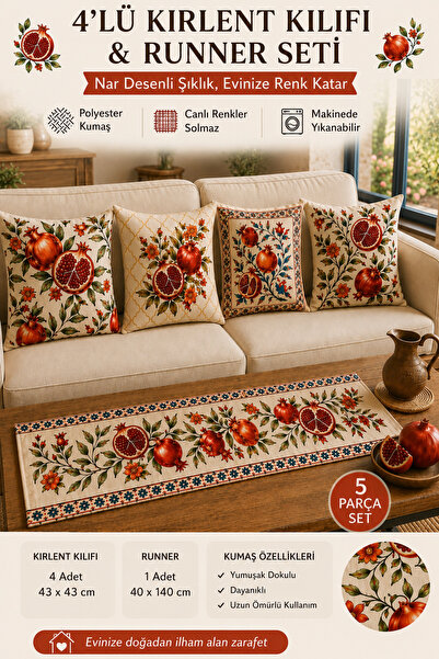 Saule 4'lü Nar Desenli Kırlent Kılıfı ve Runner Seti – 43x43 cm Kırlent Kılıf...