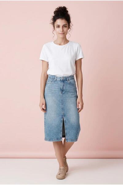 Seviliko Kadın Önden Yırtmaçlı Esnek Denim Midi Etek