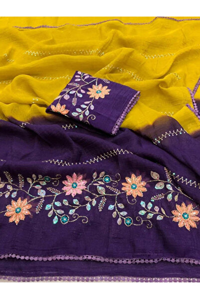 MYSMAR Yellow & Purple Double-Shaded Crunchy Padding Saree - KTS9706 | Yellow...