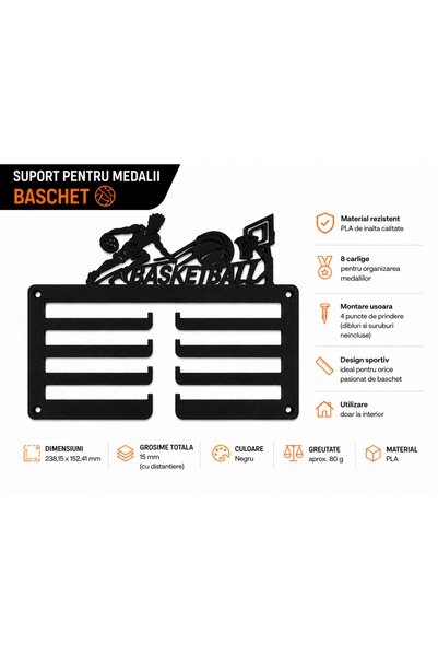 OEM Suport pentru medalii Baschet, printat 3D, 8 carlige, Idei in 3D