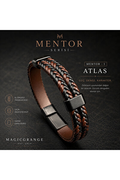 magıcgrange Men's Leather Bracelet Real Calfskin Double Color Weave Casual Design 21 cm Mentor Series