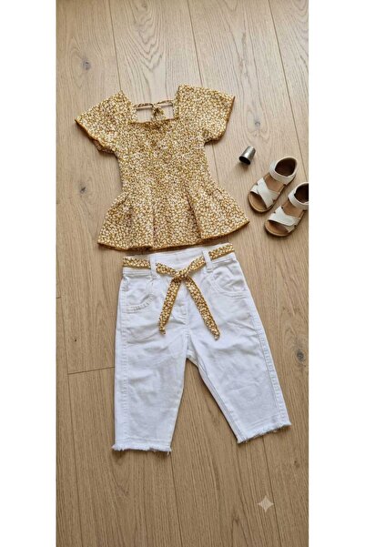2bebek1butik Girls' Ruched Sleeve Detail Bluz with Belt Capri Pants