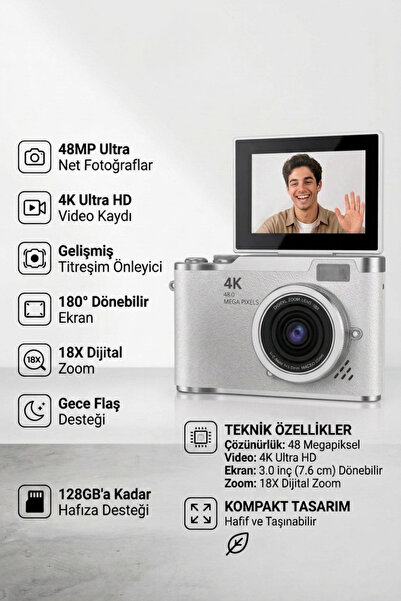 Genel Markalar 48MP 4K Ultra HD Dijital Fotoğraf Makinesi 180° Flip Ekran 8X ...