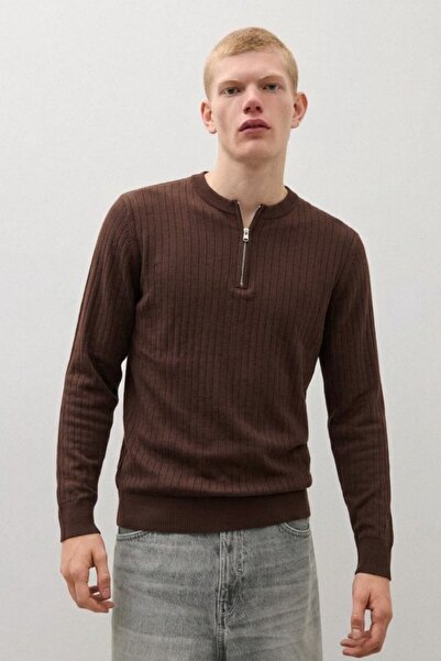 DAMGA JEANS Men's Striped Long Loose Zippered Brown Knitwear Sweater