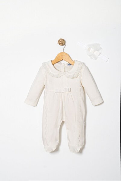 MİNİBORN 100% Organic Lace Detailed Baby Girl Romper Set White