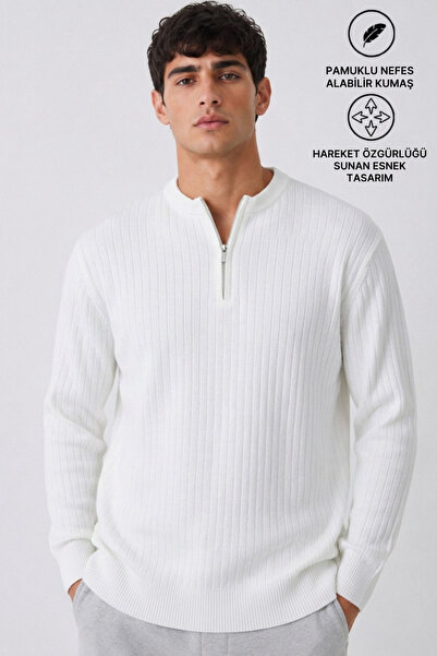 DAMGA JEANS Pulover din tricotaje albe, cu dungi, anti-pilling, din bumbac, p...