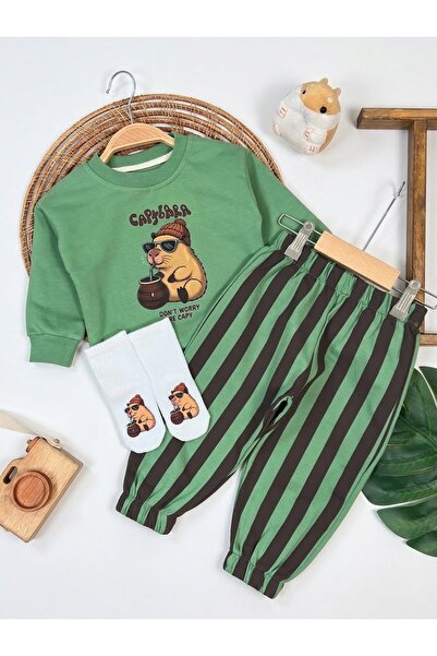 Asila Baby Capibara Baskılı Esnek Kumaş Sweatshirt Çizgili Pantolon ve Baskıl...