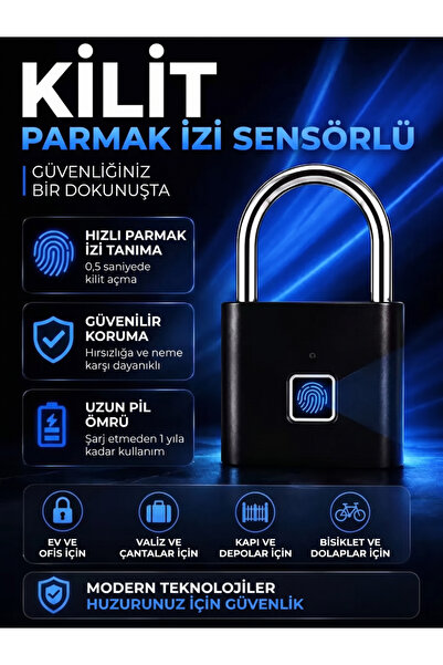 Vezir Aksesuar Mini Parmak İzli Akıllı Asma Kilit – Şarjlı Biyometrik Anahtar...