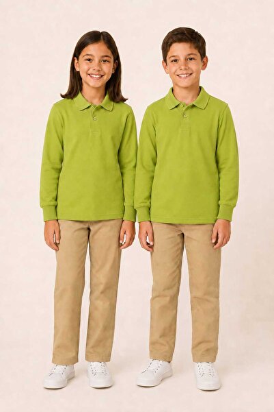 kidsense Girls and Boys Green Long Sleeve Polo Collar Cotton Unisex T-Shirt T...