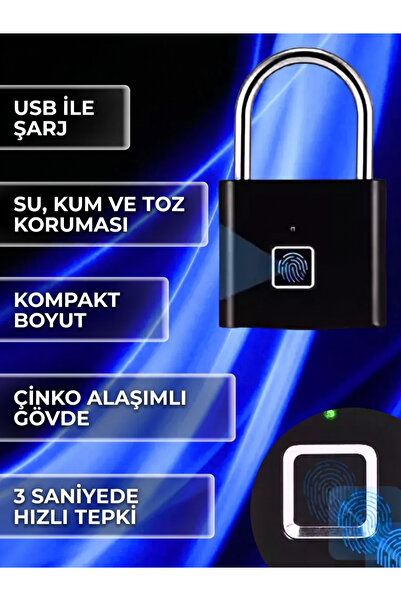 Vezir Aksesuar Mini Parmak İzli Akıllı Asma Kilit – Şarjlı Biyometrik Anahtarsız Güvenlik Kilidi