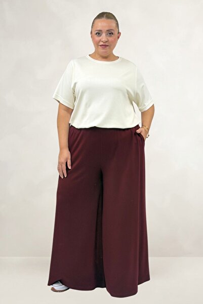 Eslina 69022 Plus Size Elastic Waist Modal Skirt Trousers - Burgundy