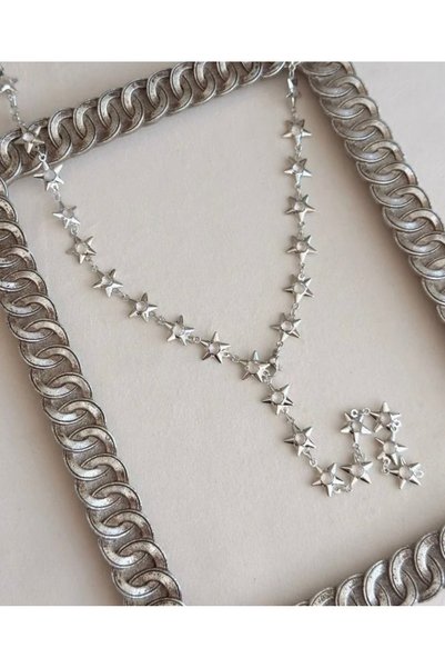 SY AKSESUAR Transparent Beaded Star Motif Y Necklace 60 cm Long Necklace