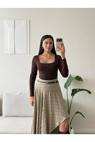 Zoom Butik Kare Yaka Bodysuit - KAHVE