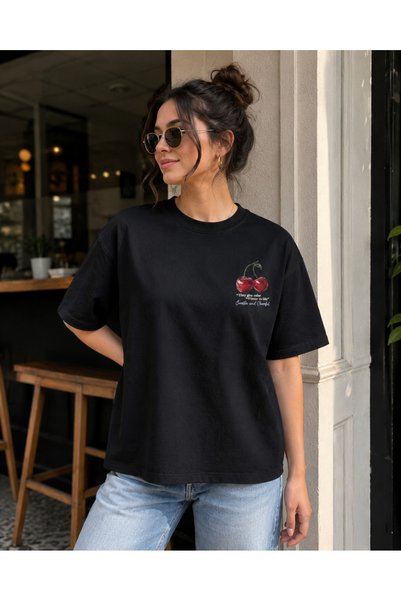 fingerjewerly Cherries Cherry Double-Sided Printed Oversize T-Shirt Unisex 80% Cotton Boxy Fit Streetwear T-Shirt Thick Textured