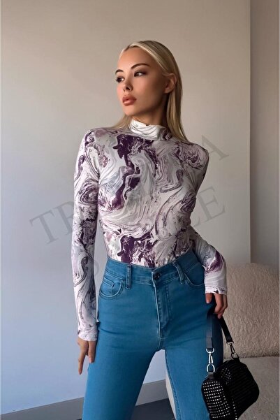 ladyzey bluză de damă mov cu model crem, cu mâneci lungi, tip half-fisherman