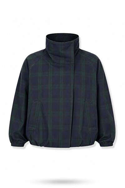 5in1Canpolat Green Plaid Patterned Bomber Jacket 19044