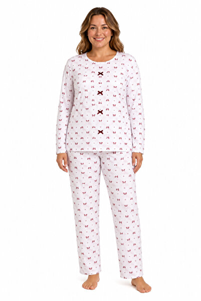 FAMES PİJAMA Büyük Beden Fiyonklu Kurdele Desen Kaşkorse Yazlık Pijama Takımı
