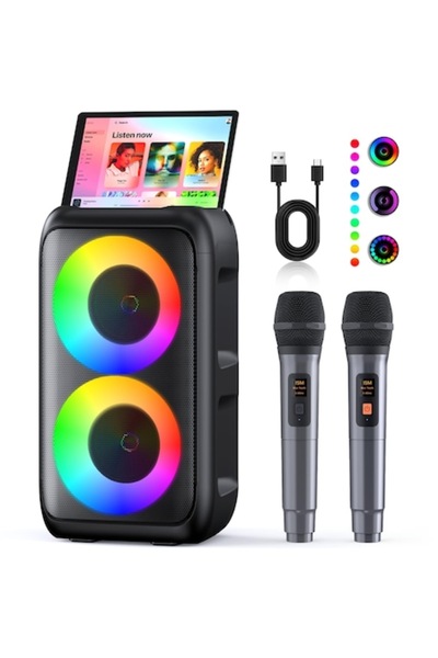 OEM Sistem karaoke portabil, 20 W, 2 microfoane wireless, Bluetooth 5.3, lumi...