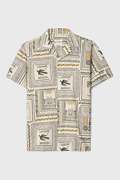 Mudo Men's Ecru Printed Resort Collar Short Sleeve Shirt
