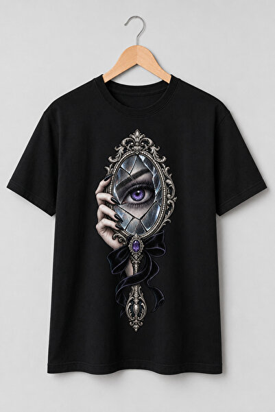 Generic Brand Tricou Gothic cu Oglindă Crăpată și Ochi Violet