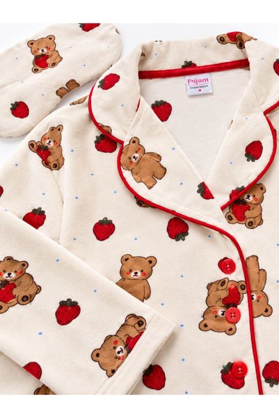 Fil Kids Mother-Daughter Cotton Suede Strawberry Teddy Bear Patterned Winter Shirt Collar Buttoned Sleep Band Pajama Set Beige Color
