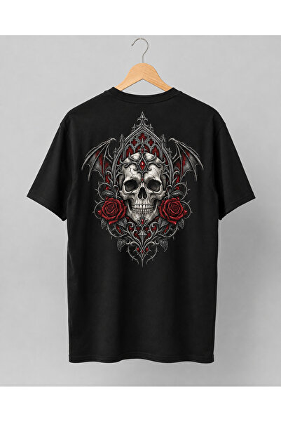 Generic Brand Tricou Gothic Skull cu Trandafiri Roșii, Craniu și Aripi, Stil ...