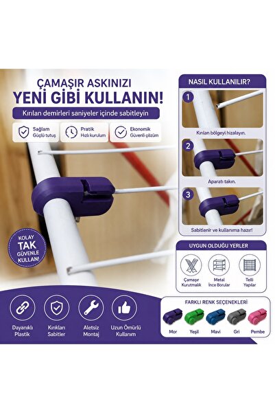 RELATOS Çamaşır Kurutmalık Tamir Aparatı – Kırılan Demir Sabitleme Klipsi – P...