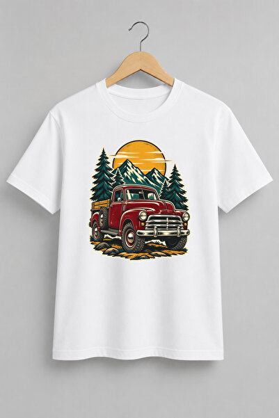 Generic Brand Tricou Vintage cu Pickup Clasic și Munți – Design Retro Outdoor
