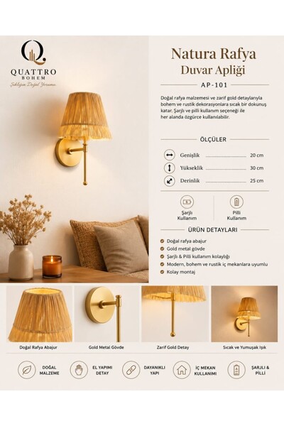 QUATTRO HOME Natura Rafya Duvar Apliği Şarjlı & Pilli Gold Metal Bohem Dekora...