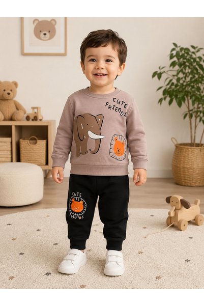 buzy kids concept طقم مكون من قطعتين للأولاد بطبعة الفيل لموسم 1-4 سنوات