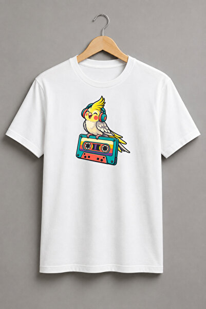 Generic Brand Tricou unisex cu papagal nimfă și casetă audio retro