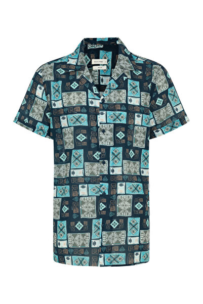 Mudo Men's Navy Blue Printed Regular Fit Resort Collar Short Sleeve Shirt
